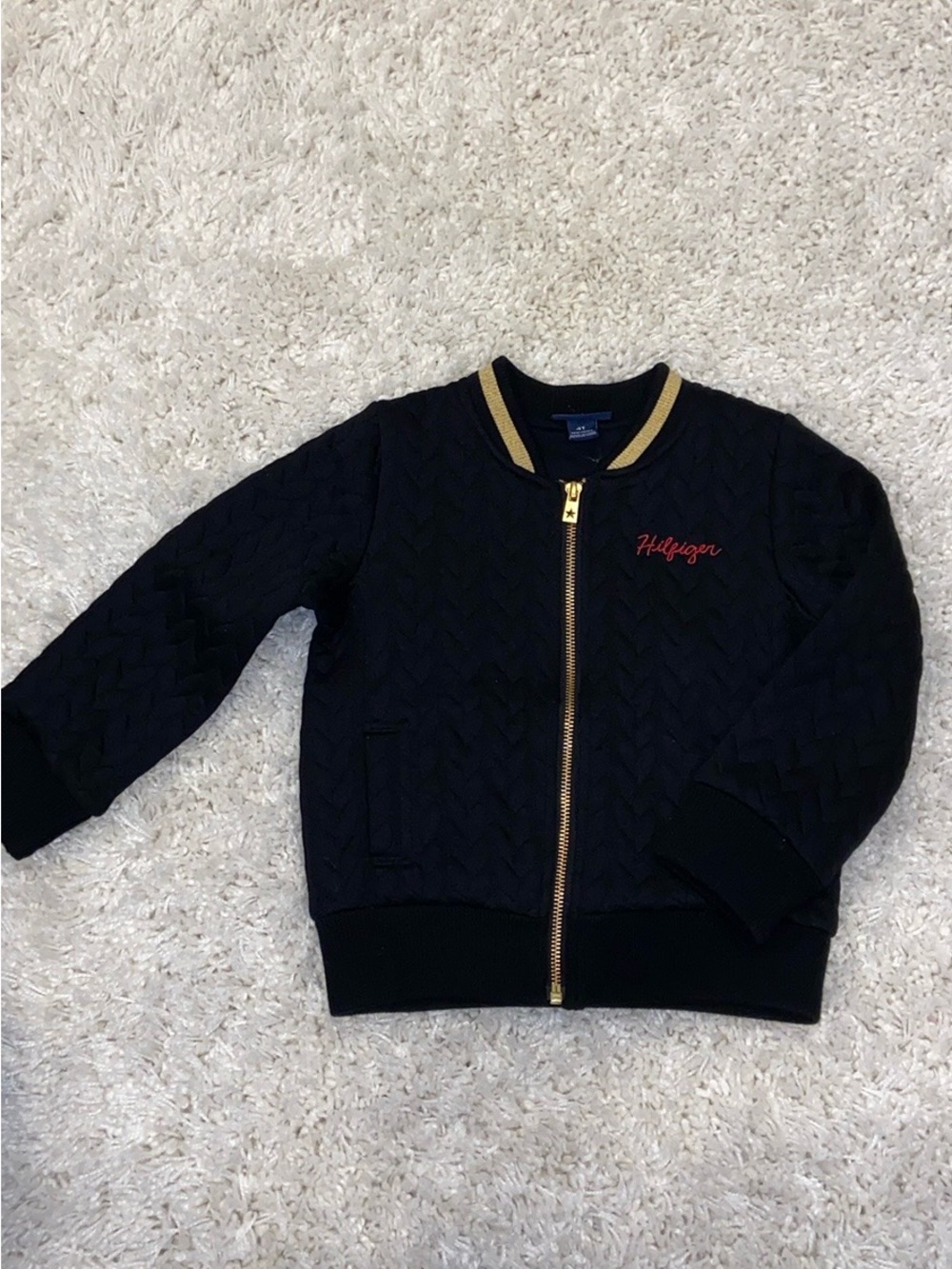 Tommy Hilfiger Black Quilted Jacket with Gold Trim and Red Logo